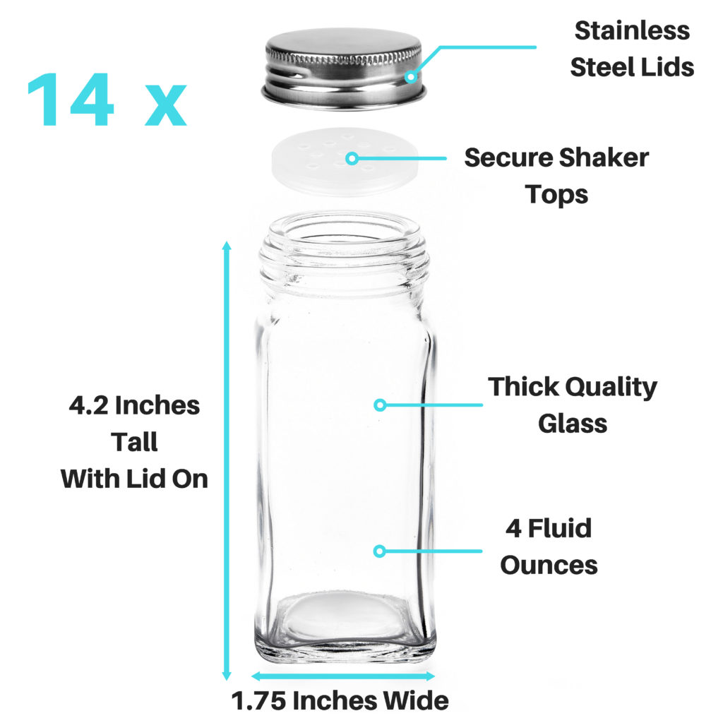 with Shaker Insert Tops Spice Jars 24 Glass Bottle Containers 4 oz Stainless Steel Lids & Wide Funnel 360 Chalkboard Labels Marker Complete Set of Herbs Seasoning Organizer
