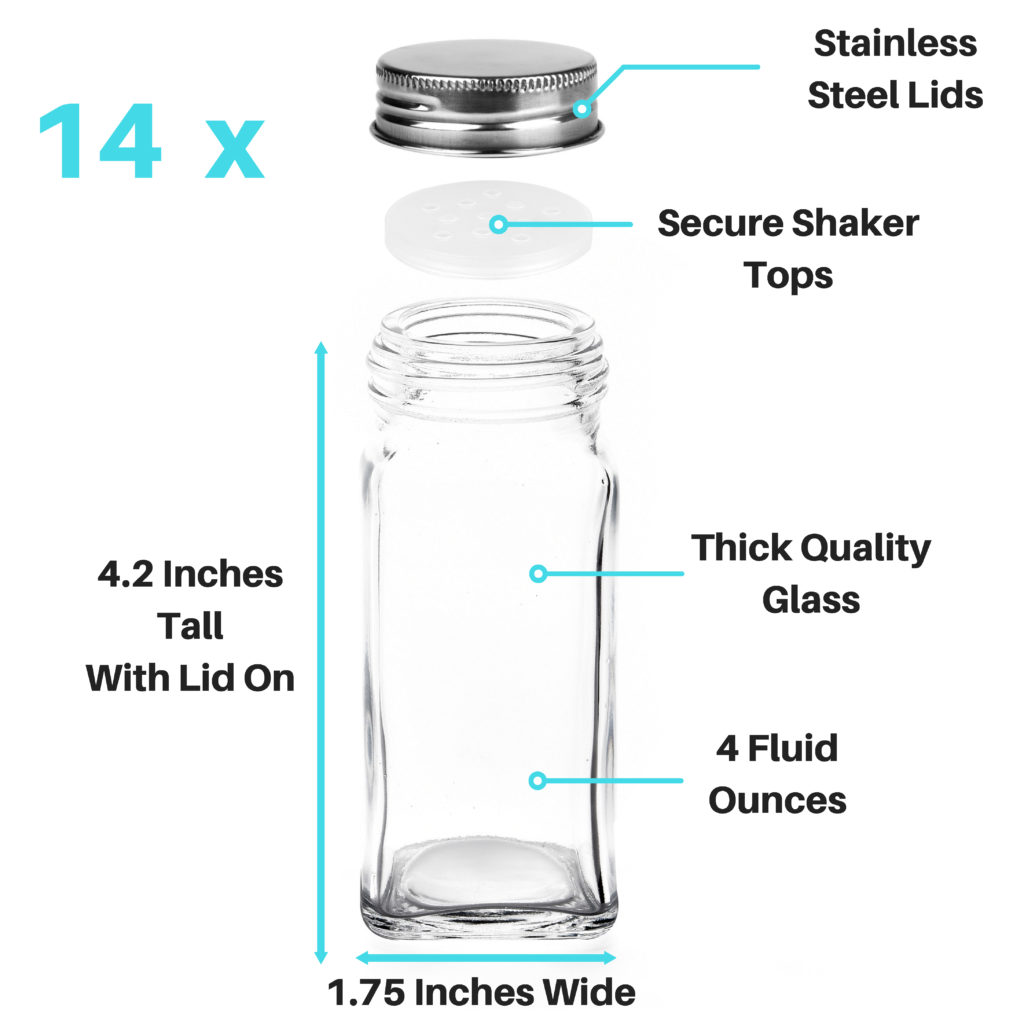 4 oz Spice Jar Square Glass with Shaker Fitment and White Lid